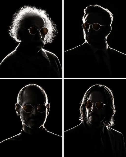 A striking silhouette portrait set against a deep black background, featuring a face with glowing white edges and brown round sunglasses with silver frames reflecting soft light, creating a mysterious and anonymous look.