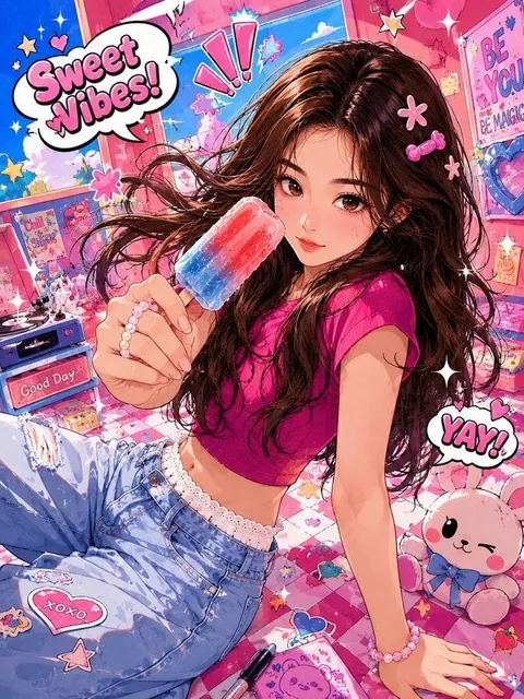 A high-saturation pop anime illustration based on an uploaded daily photo, featuring a character with exaggerated expression and dynamic pose, cel-shaded with bold lines, bright colors, and playful elements like stickers, hearts, stars, and speech bubbles in a whimsical cartoon world with wide-angle
