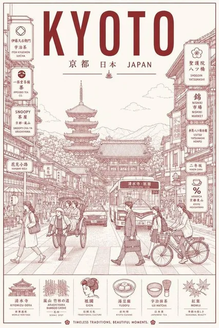 A minimalist, ultra-high-resolution line-art travel poster of a city, featuring a central street scene with locals and authentic signage, rendered in a monochrome palette with precise linework and a clean, modern aesthetic.