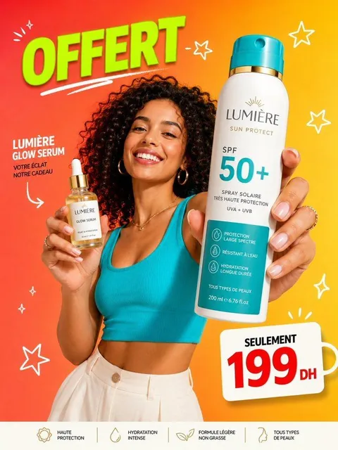A vibrant beauty product advertisement featuring a confident young woman with natural curly hair holding an oversized white-and-teal SPF 50+ sunscreen spray bottle and a small glass serum bottle on a coral-to-golden yellow gradient background with neon-green text and star doodles.
