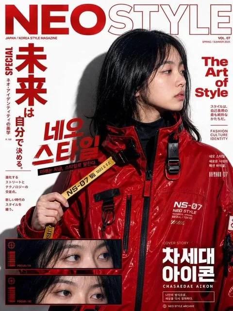 A Y2K pop-street editorial collage with a young person on the right, wearing a black turtleneck and beret, with playful graffiti typography on the left and an orange background with a starburst. A filmstrip at the bottom shows more poses.