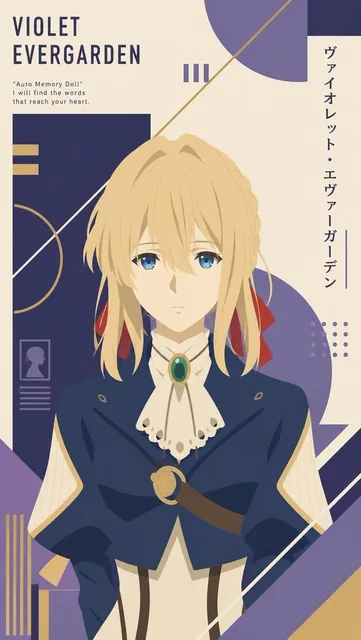 Constructivist graphic design poster of Violet Evergarden in pure color block style, centered half-body composition, geometric shapes surrounding the character, sharp edges, no shadows, 9:16 vertical format.
