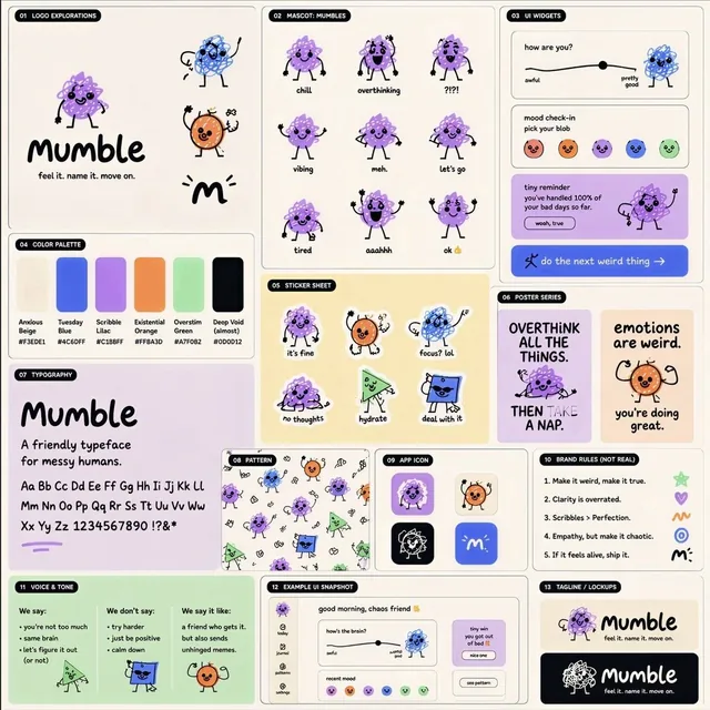 A square brand identity showcase board with a modular grid of tiles displaying logo mark explorations, a geometric mascot character in various poses, UI widget concepts, posters, c