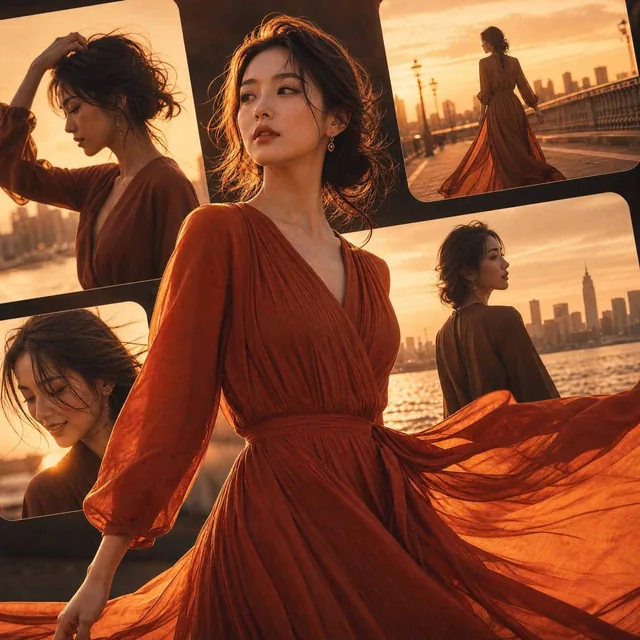 A cinematic vertical collage featuring a Japanese woman in elegant fashion during golden sunset, with warm-toned rounded storyboard frames arranged diagonally showing soft monochrome motion scenes.
