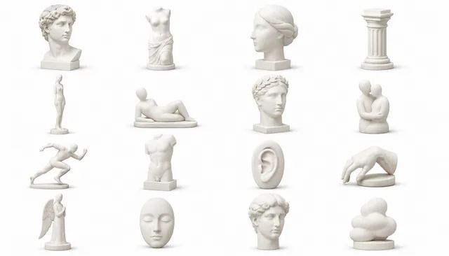 A series of minimalist modern white sculptures displayed in a clean grid layout on a pure white background, each sculpture is a single smooth simplified form floating freely.