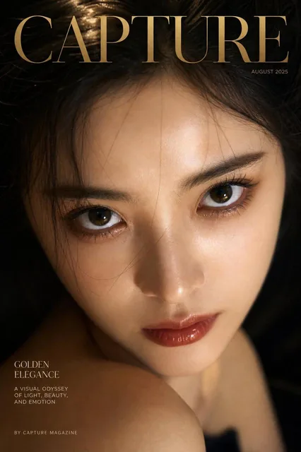Luxury extreme close-up portrait in magazine cover style with title CAPTURE, featuring subject looking upward into lens with calm powerful gaze, cinematic lighting, black and gold tone, ultra realistic skin texture, high-fashion editorial aesthetic