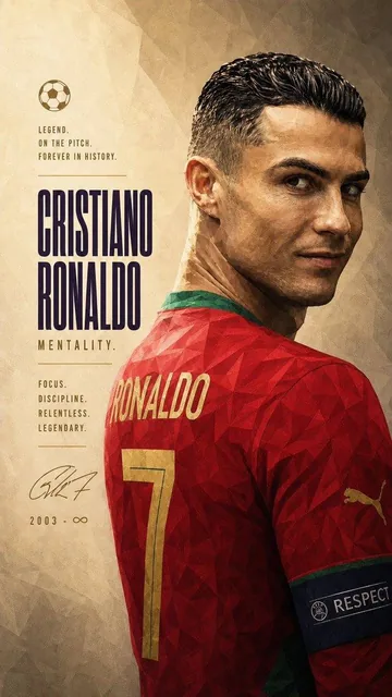 Vertical tribute poster of Cristiano Ronaldo in Portugal jersey, low poly digital painting, side profile, gold number 7, minimalist beige background, luxury editorial sports layout.
