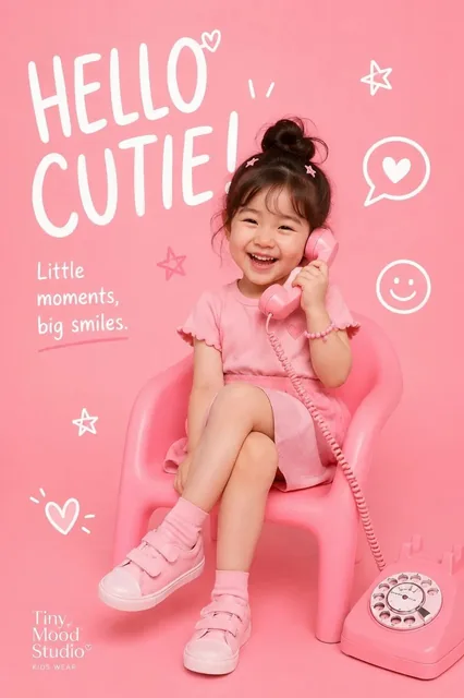 A premium playful kids-fashion editorial poster featuring a realistic happy child prominently seated in the center, wearing a coordinated monochromatic outfit, with a large playful prop like a telephone or toy, soft studio lighting, bright cheerful atmosphere, hand-drawn doodles and sketch graphics,