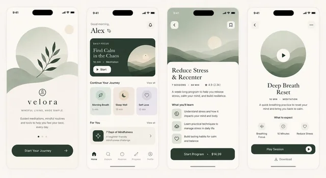 A premium wellness and meditation mobile app UI mockup featuring four floating iPhone screens on a minimal studio background. The screens include a welcome screen with botanical illustration, a home dashboard with meditation cards, a program detail page, and a session player. Soft sage green, cream
