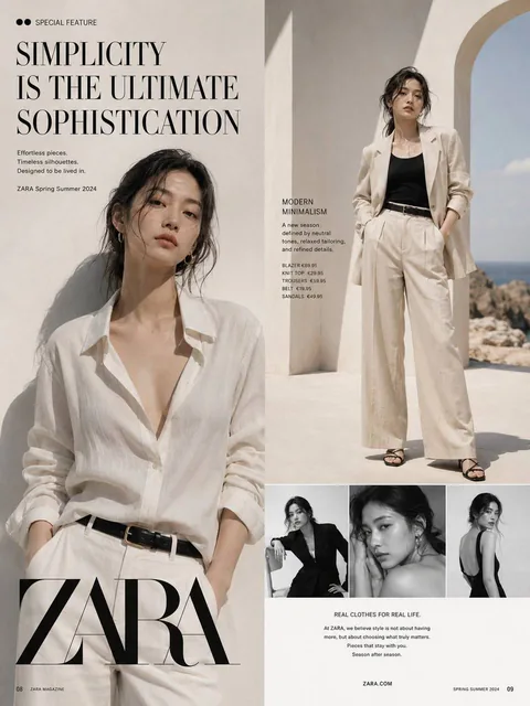 A high-end fashion magazine double-page spread featuring a Korean model in luxury couture, shot on Hasselblad with cinematic lighting, premium typography layout, and realistic print design.
