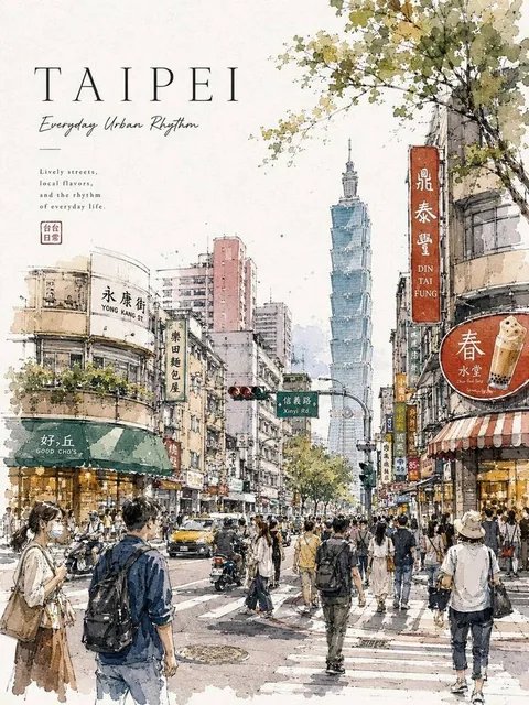 A detailed watercolor travel poster of a lively city street with hand-painted urban sketch style, soft ink outlines, watercolor splashes, architectural details, fashionable pedestrians, cozy cafés, cinematic perspective, warm natural lighting, elegant travel magazine composition, large city name typ