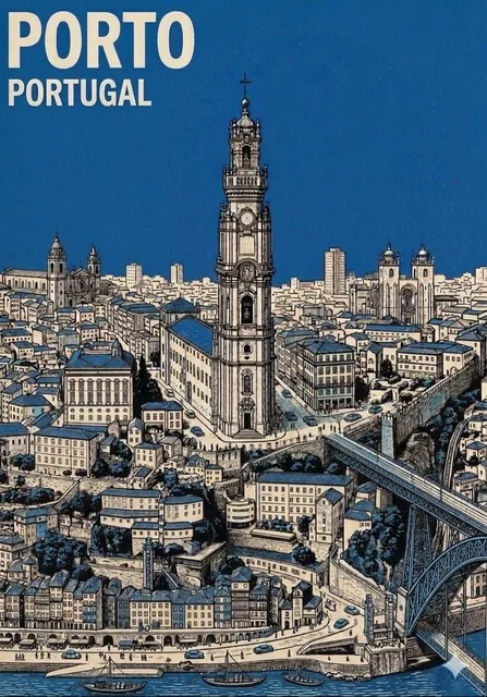 A minimalist mid-century travel poster for [CITY NAME] featuring [LANDMARK] in an isometric bird's-eye view. The design uses a strict 3-color palette of cream paper, black technical linework, and [COLOR]. The sky is solid flat [COLOR] with small accents on roofs or streets. Ultra-fine hatching and s