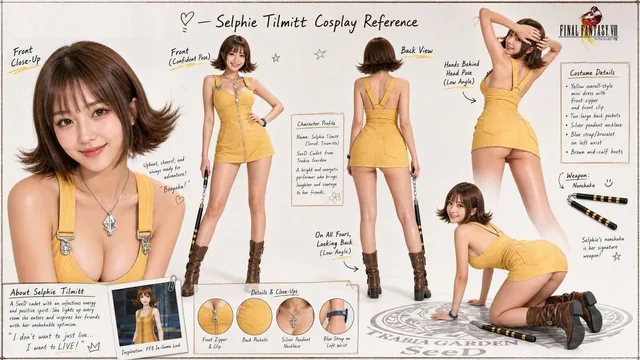 A wide horizontal character reference sheet featuring multiple angles of the same character: front close-up, confident standing front pose with hand on hip, back-facing standing pose, squatting pose with hands behind head from low-angle rear-side view, and kneeling pose on hands and knees looking ba
