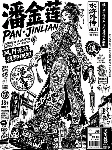A black and white street poster illustration of Luffy from One Piece, covered in high-density sticker-bomb tattoos, wearing his iconic straw hat and red vest, with bold typography and strong graphic design.
