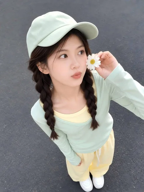 A photorealistic vertical portrait of a woman in Korean casual street style, holding a white daisy near her cheek, wearing a mint baseball cap and pale yellow outfit, on a dark gray asphalt background with soft overcast daylight.