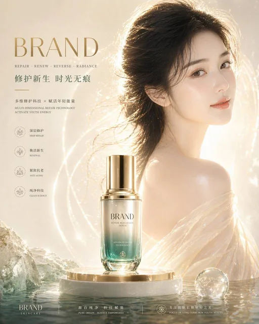 A high-end skincare advertisement featuring a woman with translucent, fair, and dewy skin, black flowing hair, wearing semi-transparent silk clothing, illuminated by soft studio lighting with warm rim light, against a minimalist beige and gold gradient background with cool teal water elements.