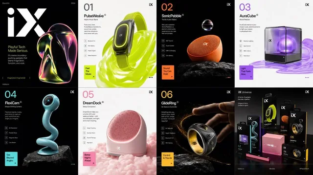 A polished multi-page brand kit for iX, featuring futuristic gadgets like wearables and audio devices in editorial layouts with bold colors, clean geometry, and surreal imagery.
