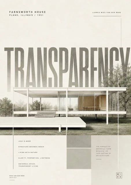 A high-end minimalist poster featuring an architectural illustration at the center, with a bold oversized English word as the background, surrounded by small text describing the design philosophy, using restrained color palette that complements the building.