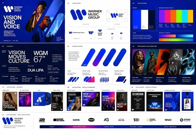 A polished multi-page rebrand kit concept for Warner Music Group featuring the iconic W symbol, deep blue and white primary palette with vivid accent colors, editorial layouts with strong grids, expressive typography, and motion-inspired diagonal devices across album covers, social posts, and tour p
