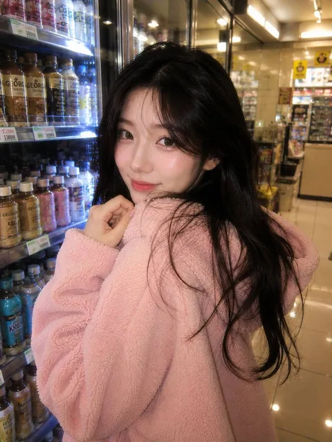 Ultra-realistic cozy Korean convenience store portrait of a beautiful Korean woman with long black hair, wearing an oversized fluffy pastel pink hoodie, holding strawberry milk and cake, shyly looking at camera with warm fluorescent lighting and soft glow.