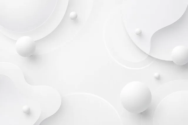 A minimalist abstract 3D background in monochrome white and very light gray tones, featuring soft organic geometric shapes, translucent circular arcs, floating spheres, and subtle shadows on a clean matte surface with neumorphism aesthetic.