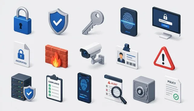 A modern isometric illustration sheet on a clean light grey background featuring a repeating grid pattern of cybersecurity and compliance themed icons including padlock, shield, key, fingerprint scanner, computer, encrypted file, firewall, security camera, ID card, warning triangle, server rack, cli