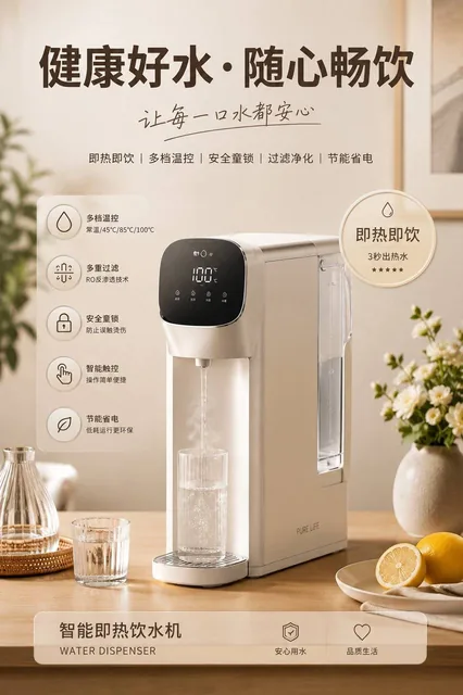 A commercial advertising poster for the Artisan Coffee Pot, showcasing its elegant design in a warm, cozy kitchen setting with 'Brew Perfection' title and functional icons.