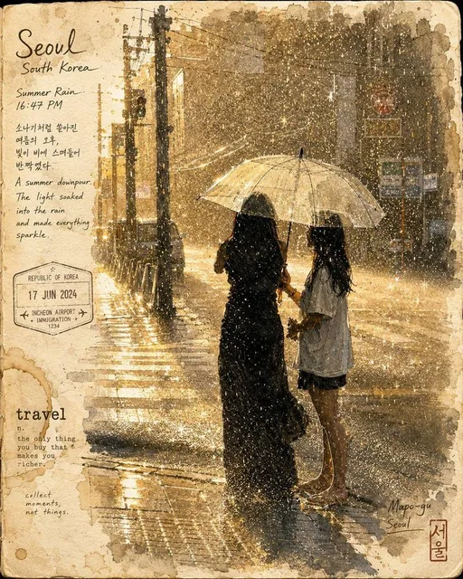 A vintage travel sketchbook watercolor illustration of a narrow European street corner with a café, pedestrians, scooters, and climbing ivy, featuring loose ink linework, soft watercolor washes, warm sepia tones, and aged paper texture, cinematic composition with vanishing point perspective.