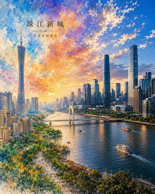 A vertical cityscape poster transitioning from a detailed, realistic watercolor painting on the left to a high-definition, modern real city view on the right, symbolizing a journey