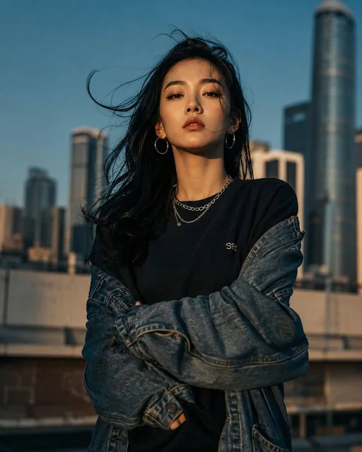 Ultra-realistic cinematic portrait of a confident young East Asian woman standing outdoors in a modern city skyline, direct eye contact, long black windswept hair, natural makeup, silver hoop earrings, layered chain necklace, oversized blue denim jacket falling off shoulders, black minimalist sweats