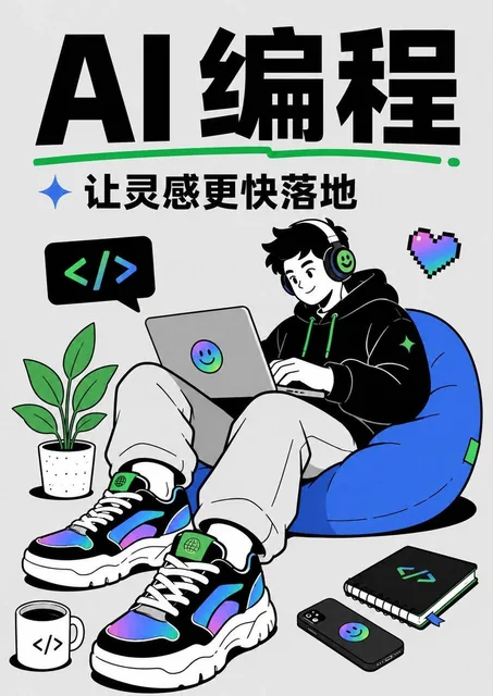 A clean flat vector illustration of a stylish coder in a hoodie and headphones working on a laptop, with oversized hands and sneakers, surrounded by simple props like a coffee mug, plant, notebook, phone, cat, code bubble, pixel heart, and smiley icon, on a light grey background with bold typography