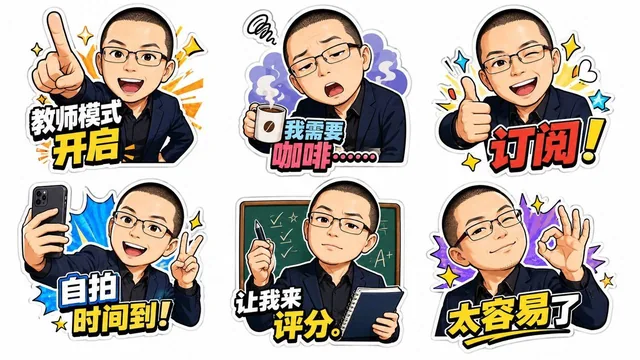A set of six high-resolution 2D cartoon stickers of a male teacher with glasses and a warm smile, each with different expressions and poses, white background, comic style, arranged in a 3x2 grid with humorous text.