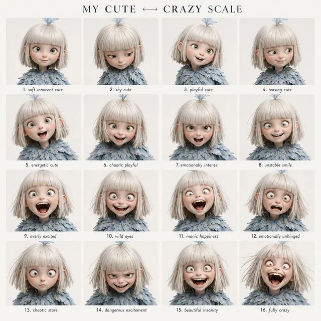 A clean 4x4 emotional performance grid featuring 16 close-up portrait panels of the same character, each with a distinct expression from innocent to fully crazy, with elegant serif header 'MY CUTE CRAZY SCALE' and handwritten labels below each panel, off-white background, cinematic style.