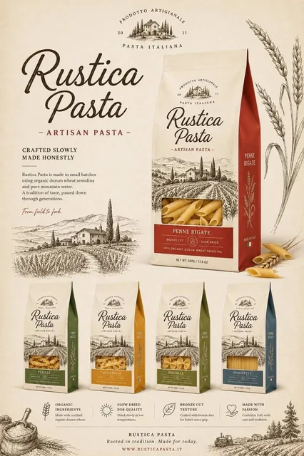 A premium packaging showcase poster featuring multiple artisan food products with retro agricultural branding, hand-drawn illustrations, and minimalist Scandinavian layout on a warm beige background.