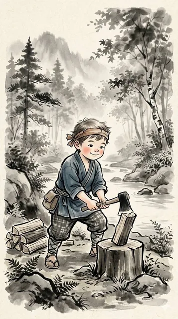 A hand-drawn illustration in traditional Japanese ink wash and watercolor style, showing spirited children in rustic historical attire living a simple life in a misty forest, with scenes of a boy splitting wood and friends playing with leaf boats in a stream.