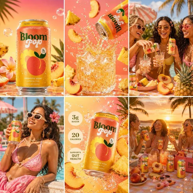 A glossy commercial photo of Bloom Pop Peach Pineapple Prebiotic Soda can in a tropical poolside setting, with bright sunlight, fruit slices, and a feminine wellness vibe, embodying summer escapism and dopamine aesthetics.