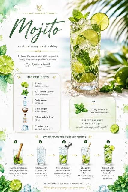 A modern, minimal recipe card for Mojito cocktail featuring a hero image of a tall crystal glass with lime, mint, and crushed ice, watercolor lime splashes, mint leaf textures, and elegant typography on a soft tropical palette.