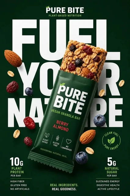 A premium FMCG healthy snack advertising poster featuring a large protein bar package with floating natural ingredients, bold typography, and clean Scandinavian minimal design on a saturated monochrome background.