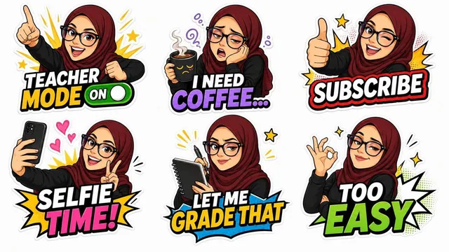 A set of six high-resolution 2D cartoon stickers of the same woman with burgundy hijab and black cat-eye glasses, each showing different expressions and poses, with humorous text, on white background, arranged in 3x2 grid.