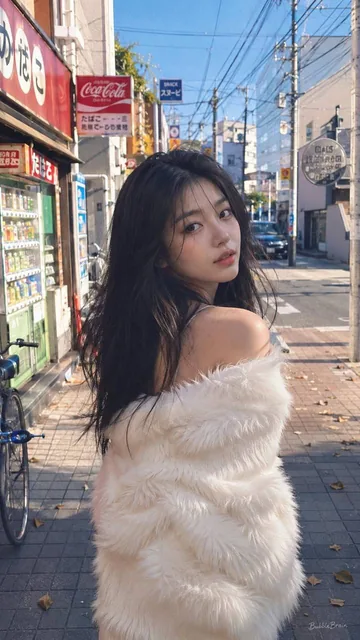 A candid film-style street photograph of a 19-year-old Chinese female influencer in a Tokyo backstreet near a quiet train station, wearing an off-shoulder white fluffy faux fur jacket, turning her head back toward the camera with direct eye contact, soft wind moving her long black hair, with heavy f