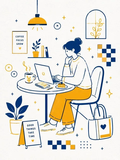 A minimal flat vector illustration in Scandinavian aesthetic, retro café branding style, featuring a bookstore café interior with round tables, bookshelves, pendant lighting, plants, and simple human silhouettes, using deep navy blue and warm golden yellow on white textured paper, with monoline stro