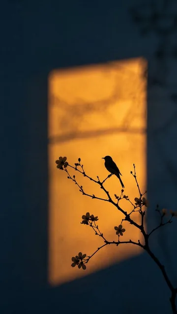 Artistic photography of a bright amber rectangular light shadow on a dark blue wall, resembling evening sunlight through a window, with delicate silhouettes of branches and blooming flowers in the foreground, and a lively little bird perched quietly on a branch.