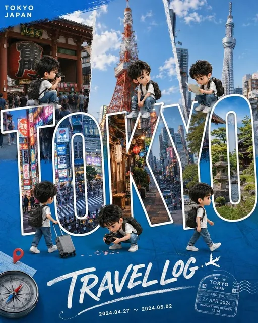 A cute chibi travel vlog poster featuring adorable mini travelers exploring a famous world city, with giant bold 3D city-name typography filled with landmark photography and urban scenery, kawaii-style characters sitting and walking around the letters, cinematic travel collage aesthetic, glossy trav