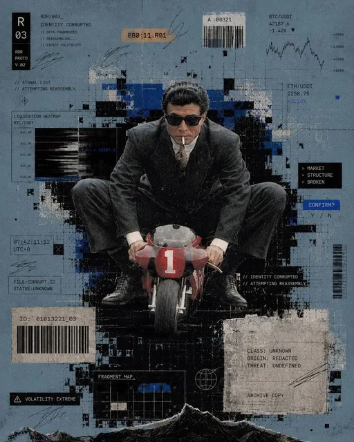 A glitch collage poster featuring a man in a black suit, sunglasses, and cigarette, riding a tiny red mini motorcycle head-on, with crypto charts, barcodes, and scan noise on a cold gray-blue distressed paper background.
