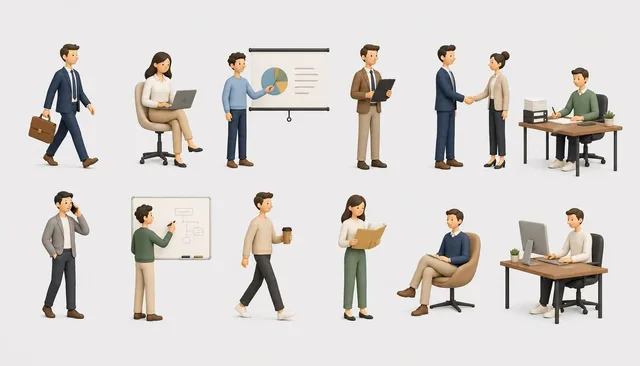 A modern illustration sheet with 12 flat plasticine-style characters in office settings, arranged in a 2x6 grid on a soft light grey background, featuring pastel colors and minimal geometric shapes.