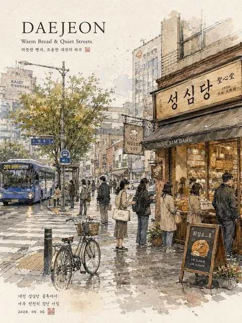 A dreamy watercolor travel illustration of a peaceful Korean city street in hand-painted urban sketchbook style, featuring delicate ink linework, cozy café storefronts, warm bakery lights, reflective wet pavement, pedestrians with umbrellas, and traditional Korean signs on a soft beige paper texture