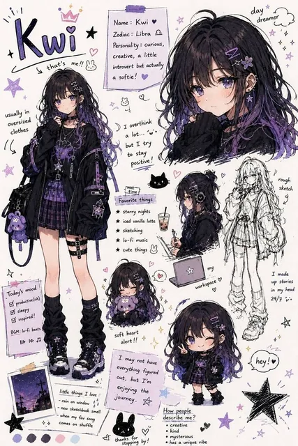 A rough doodle sketch collection on bright white paper featuring a full body image, large face close-up, small doodle, rough full body sketch, and chibi version of a character. Thick hand-drawn lines, bright colors, soft palette, and cute expressions convey personality and atmosphere.