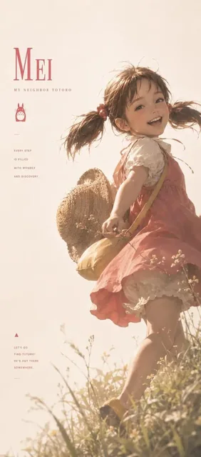 A photorealistic Studio Ghibli-style poster of Totoro and the Catbus at a countryside bus stop during golden hour, with two young sisters holding hands in the foreground, warm soft lighting, nostalgic atmosphere, vertical 2:3 aspect ratio.