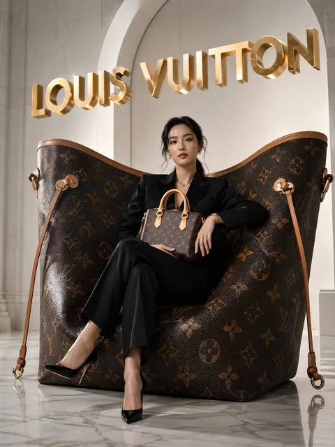 A breathtaking avant-garde luxury fashion campaign photograph for Louis Vuitton, featuring a giant oversized Neverfull tote bag as a sculptural throne in a minimalist white studio with reflective marble floor. An elegant model in black tailored outfit sits inside the bag, holding a smaller LV monogr