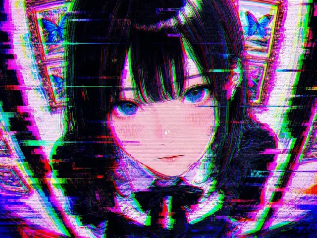An intense glitch art transformation of an illustration with strong RGB separation, large color shifts, horizontal scan line disturbances, block collapse, heavy pixelation and noise, while keeping the character's face and expression relatively recognizable, creating a beautifully broken artistic gli